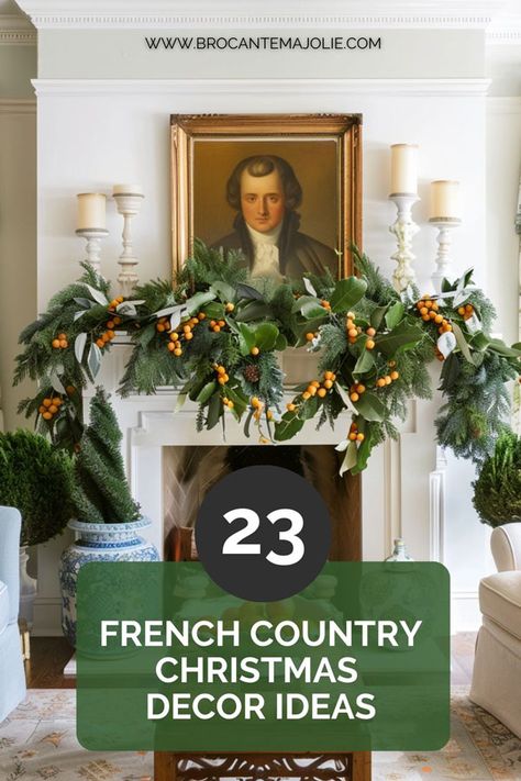 French country Christmas decor: 23 simple and elegant ideas - Brocante Ma Jolie Simple Elegant Christmas Decor Ideas, Christmas Decor 2024 Ideas, Christmas Mantle Wreath, French Country Fall Decor, Country Christmas Decor Ideas, Christmas Tree In Urn, Magnolia Christmas Decor, French Country Mantle, French Christmas Tree