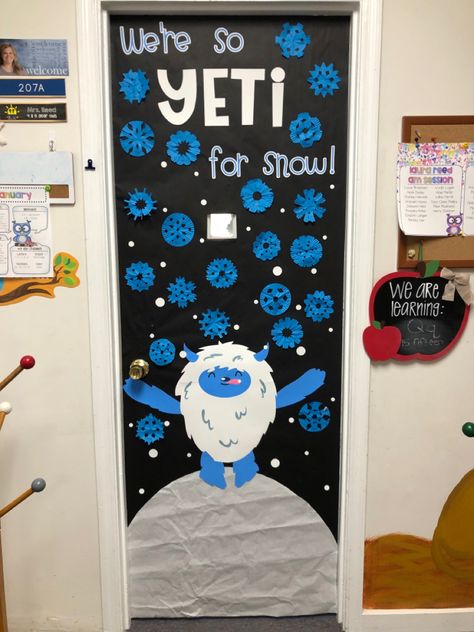 Cute Winter Classroom Doors, Sweater Weather Door, Snow Themed Classroom Door, Classroom Door January, School Winter Door Decorations, December Window Display Preschool, Winter Classroom Door Ideas Unique, January Classroom Door Ideas Preschool, Yeti Door Decoration