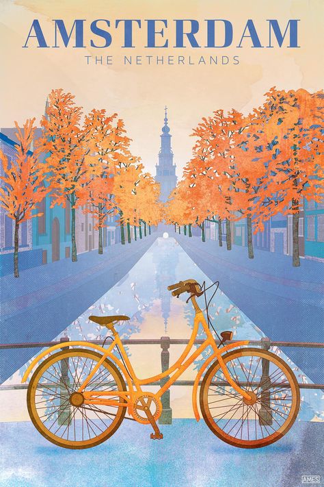 The perfect gift for the world traveler! Travel Poster featuring the canals and bikes of Amsterdam.  By artist Missy Ames. Retro Location Posters, Amsterdam Aesthetic Vintage, Vintage Posters Travel, Amsterdam Illustration, Destination Poster, Netherlands Poster, Travel Posters Vintage, City Posters, World Poster