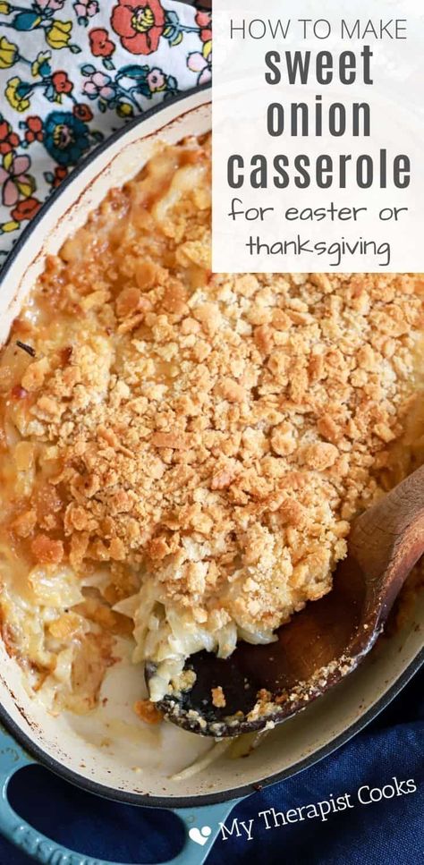 Sweet onion casserole - a delicious Southern side dish for Thanksgiving or Easter! This is the BEST version of Vidalia onion casserole; just 9 ingredients, a creamy filling, and really delicious Ritz Cracker Topping. It's a delicious vegetarian vegetable side dish, or can be made into a main course served over white rice! Cream Of Onion Recipes, Onion Casserole With Ritz Crackers, Side Dish Casseroles Easy, Baked Onion Casserole, Southern Sweet Onion Casserole, Sweet Onion Casserole Recipes, Visalia Onion Casserole, Whole Onion Recipes, Scalloped Onions Casserole