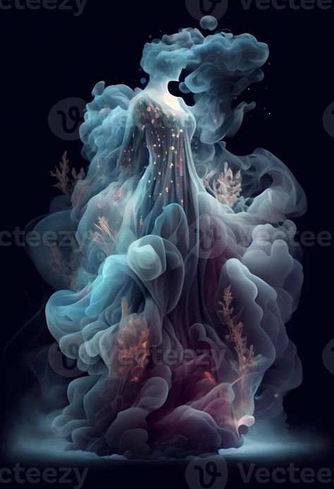 Generative AI illustration of Fashion design, dress made from clouds, smoke, mist, shining, spark, sparkling, flora background, bright, cloth folds wave air, glowing, fairy, full length dress Air Fairy, Cloth Folds, Earth Magick, Flora Background, Glowing Fairy, Air Magic, Mystic Garden, Book Vibes, Background Bright