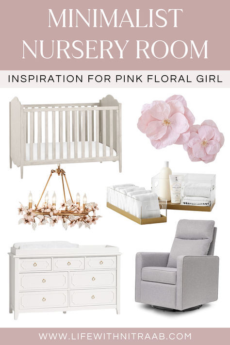 Minimalist Nursery Room Inspiration Pottery Barn Baby Nursery, Floral Nursery Ideas, Pink And White Nursery, Baby Girl Floral Nursery, Pottery Barn Nursery, Pottery Barn Baby, Girls Nursery Floral, Modern Baby Girl