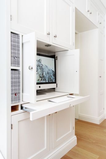 Built In Desk With Doors, Built In Desk Playroom, Cupboard With Desk Built Ins, Built In Desk Hidden, Bookshelf With Hidden Desk, Bookshelves With Hidden Desk, Built In Shelving With Desk, Hidden Desk In Living Room Built Ins, Desk In Built In Bookcase