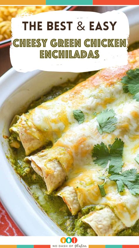 These Cheesy Green Chicken Enchiladas are loaded with tender chicken, green chiles, and plenty of melty cheese, all wrapped in soft tortillas and topped with a rich green enchilada sauce. Perfect for a quick and easy dinner! Whether you're feeding the family or prepping ahead, these enchiladas will become your go-to comfort food. Don't forget to pin this for later! Try it tonight and share your results! Enchilada Easy Recipe, Chicken Lime Enchiladas, Green Enchiladas With Cream Cheese, Creamy Turkey Enchiladas, Creamy Chicken Enchiladas Verde, Quick Chicken Enchiladas Easy Dinners, Easy Chicken Enchiladas Using Rotisserie Chicken, Green Enchilada Sauce Chicken Crockpot, Side With Enchiladas