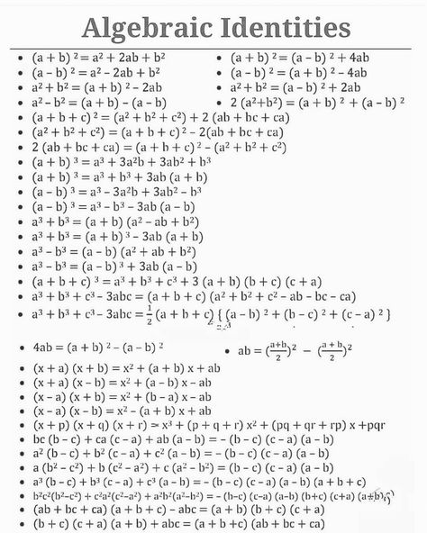 Algebraic Identities, Algebra Formulas, General Awareness, Study Flashcards, Science Notes, Material Science, Studying Math, Trigonometry, Math Methods