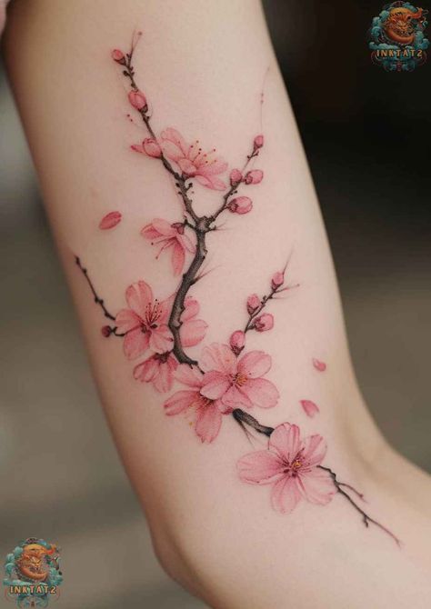 The Art and Symbolism of Cherry Blossom Tree Tattoo Designs: A Comprehensive Exploration - inktat2.com Flower Tatoos Woman Arm, Cherry Blossom Drawing Tattoo, Cherry Blossom Tattoo Sleeve Woman, Japanese Cherry Blossom Tattoos, Japanese Sakura Tattoo, Cherry Blooms Tattoo, Japanese Tattoo Flower, Sakura Flower Tattoo, Tattoo Collage