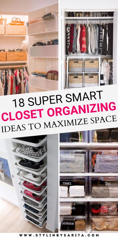 18 PRACTICAL AND CUTE CLOSET ORGANIZATION IDEAS - Stylin by Sarita Basket For Clothes Closet Organization, Small Closet Clothes Storage, Spare Room Closet Organization, Scarf Hanging Ideas Closet Organization, Organized Closets Walk In, Lower Closet Storage, Closet Ideas For Purses, Bra Storage In Closet, Organize Folded Clothes In Closet