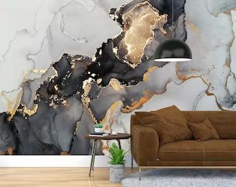 MuralsWallArt - Etsy Bedroom Marble, Gold Marble Wallpaper, Tapete Gold, Marble Wall Mural, Large Wall Murals, Look Wallpaper, Yellow Marble, Black And Gold Marble, Stone Wallpaper