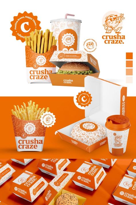 Crusha Craze Logo and Branding #eat #peruvian #etiqueta💤 Food Business Branding, Blue And Orange Brand Identity, Street Food Logo Design Ideas, Retro Food Branding, Pasta Restaurant Logo, Food Pattern Design, Food Brand Identity Design, Orange Packaging Design, Food Branding Ideas