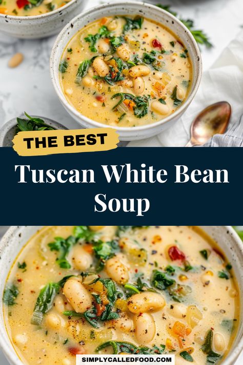 Discover the best Tuscan white bean soup recipe, an easy, quick, and simple homemade dinner. Creamy with kale, it's perfect for a healthy meal, vegan and vegetarian-friendly. Made with either vegetable or chicken broth, this authentic soup is inspired by Ina Garten's cuisine. You can prepare Tuscan white bean soup in a Crock Pot, instant pot, slow cooker, pressure cooker, or stove top. Explore this Tuscan white bean soup recipe and more soup recipes at simplycalledfood.com. Tuscan Chicken Bean Soup, Soup Recipes Fall Healthy, Tuscan Soup Healthy, Soup Recipes With Vegetable Broth, Kale And Bean Soup Healthy, Tuscan Bean And Kale Soup, Tuscan White Bean Soup With Chicken, Crockpot Tuscan White Bean Soup, Tuscan Chicken And White Bean Soup