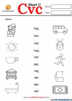 Cvc words short U matching worksheets Language: English Grade/level: Grade 1 - Grade 2 School subject: English as a Second Language (ESL) Main content: CVC words Other contents: Vocabulary chart Cvc Matching Worksheet, Short Sounds Worksheets, Cvc Passages, Cvc Short A Worksheets, Short U Activities First Grade Free, Cvc Words Worksheets With Pictures, Missing Beginning Sound Worksheet, Phonics Cvc Words, Nursery Worksheets