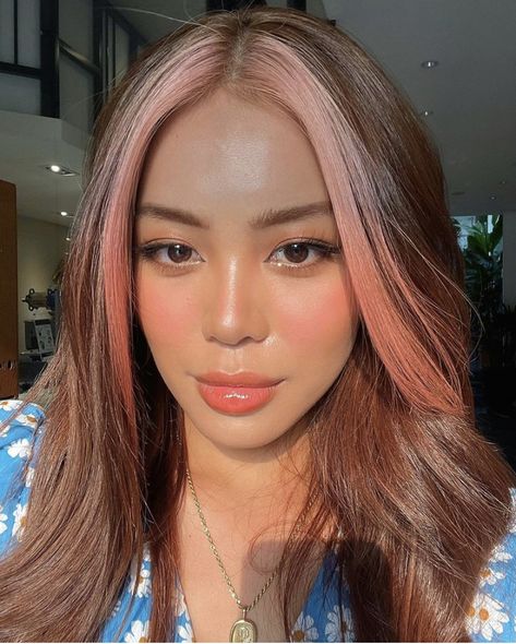 Two Front Hair Strands Dyed, Rose Gold Front Hair Streaks, Brown Hair Pink Front Strands, Front Pink Hair Streaks, Front Hair Strands Dyed, Pink Front Strands Hair, Hair Dye Front Strands Only, Hair Color Front Pieces, Light Pink Hair Tan Skin