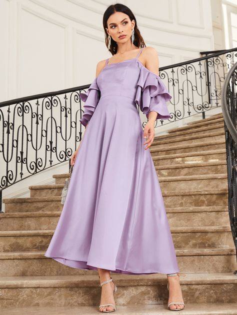 Pastel Purple Dress Formal, Lilac Long Sleeve Dress, Purple Dress Formal Classy, Purple Dress Formal, Lilac Purple Dress, Purple Tulle Dress, Flowy Silk Dress, Lilac Gown, Flounce Sleeve Dress