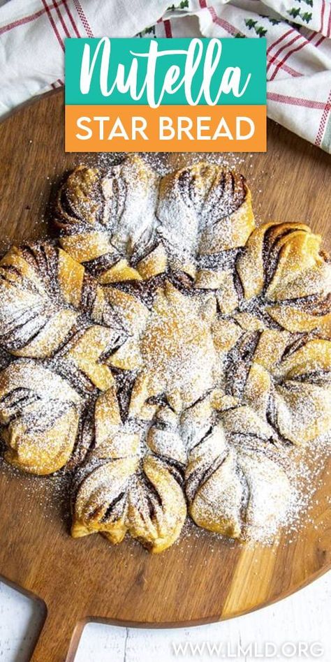 This Nutella star bread is a perfectly beautiful bread, made with store bought Crescent Roll Dough making it the perfect easy, and delicious, and beautiful breakfast, brunch or dessert! Christmas Star Bread Recipe, Nutella Star, Nutella Star Bread, Bread Yeast, Star Bread, Baking Inspiration, Eggless Baking, Pull Apart Bread, Holiday Breakfast