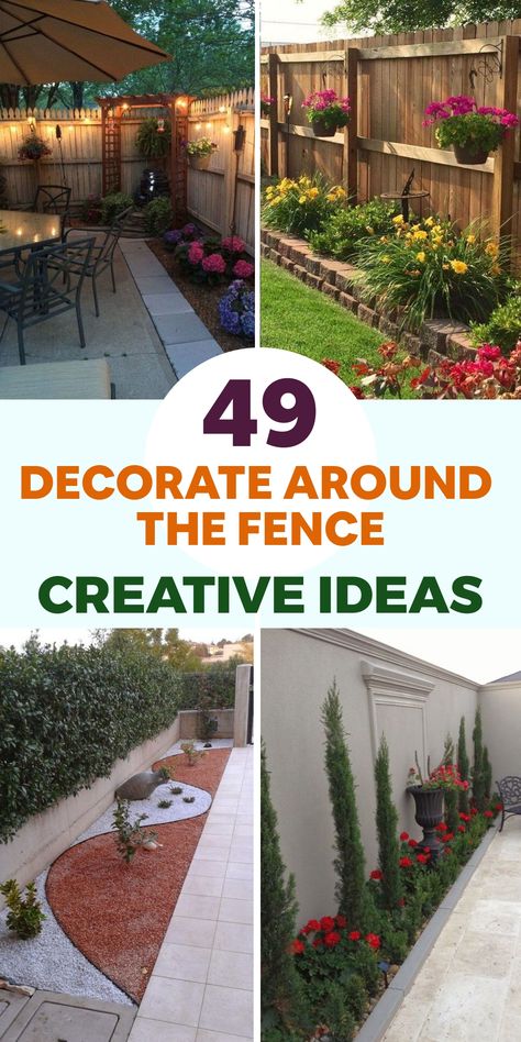 Elevate the charm of your backyard haven by adorning the area alongside your fence with imaginative concepts! Kick off the venture by suspending vibrant bird feeders or cute birdhouses on the fence line to entice lively feathered companions. Ponder over incorporating trellises or suspended planters brimming with climbing foliage or flowing blooms for a touch of vertical allure. Integrate elements like wooden signs, wind chimes, or twinkling fairy lights to evoke a fanciful and mystical ambiance. Fall Yard Decor, Outdoor Artwork, Cascading Flowers, Garden Crafts Diy, Beautiful Outdoor Spaces, Fence Landscaping, Starting A Garden, Fence Decor, Climbing Vines