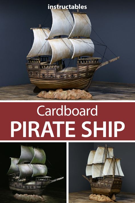 How To Make A Pirate Ship, Homemade Pirate Ship, Cardboard Pirate Ship Diy How To Make, Diy Boat Craft, Ship Cardboard, Cardboard Box Pirate Ship, Cardboard Ship, Build A Pirate Ship, Ship Model Diy