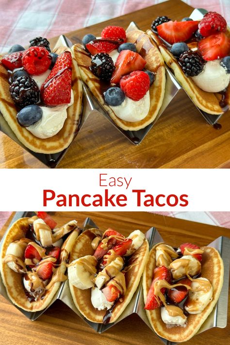 Collage of pancake tacos Breakfast Tacos Pancake, Taco Pancakes Recipe, Breakfast Tacos With Pancakes, Pancake Taco Recipe, Simple Summer Breakfast Ideas, Fruit Tacos Recipes, Breakfast Pancake Tacos, Waffle Breakfast Ideas Brunch, Cool Pancake Ideas