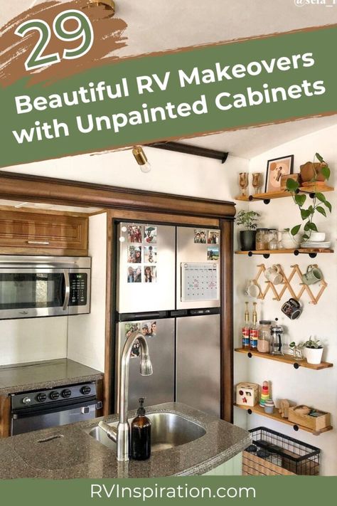 Do you want to give your RV a makeover but don't want to go through the hassle of painting your cabinets? Or what if you like the look of your wood cabinets, but just don't love the overall effect? Regardless of why you don't want to paint your wood RV cabinets, in this article, you'll see 29 beautiful RV makeovers with unpainted cabinets! #rvrenovation #rvinspiration #rvdecor Painting Inside Camper, Rv Kitchen Cabinet Color Ideas, Chalk Paint Rv Cabinets, Small Motorhome Remodel, Diy Camper Decor, Camper Kitchen Remodel, Camper Upgrades, Trailer Updates, Small Travel Trailer Remodel