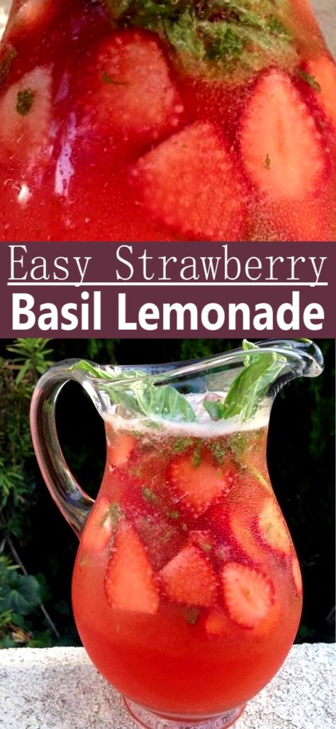 Basil Lemonade Recipe, Easy Strawberry Lemonade, Strawberry Basil Lemonade, Flavored Lemonade, Strawberry Lemonade Recipe, Basil Lemonade, Strawberry Basil, Recipe Italian, Basil Recipes