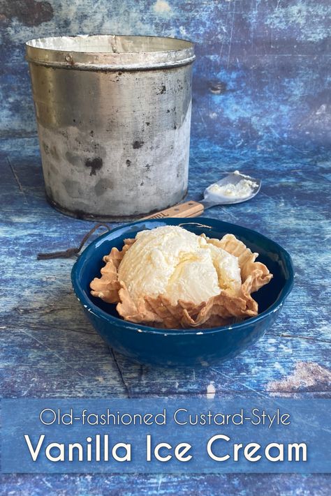 This old-fashioned custard-style Homemade Vanilla Ice Cream recipe has been passed down through at least four generations in my family. Easy to make, rich and ridiculously creamy; it is simply the best ice cream ever. Custard Style Ice Cream, Homemade Vanilla Ice Cream With Eggs, Ice Cream Custard Recipe, Vanilla Ice Cream Homemade Machine, Homemade Custard Ice Cream, Old Fashion Vanilla Ice Cream Recipe, Old Fashioned Homemade Ice Cream, Frozen Custard Recipes, Custard Ice Cream Recipe