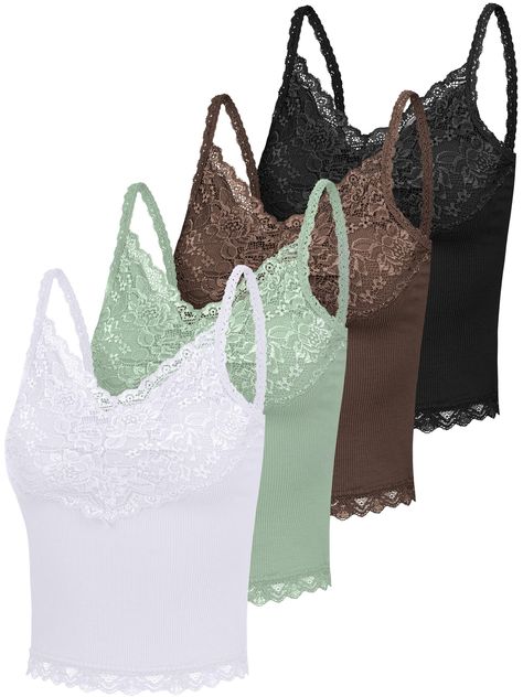 PRICES MAY VARY. Sufficient Quantity: you can get 4 pieces of lace trim tank tops for women in different colors, enough quantity to meet your daily wear and change, you can use them to match different clothes Delicate Design: camisole for women is designed with lace edges that are layered, pretty and elegant; The straps are adjustable and won't easily add burden to you Appropriate Size: this lace tank top is suitable for women and girls of different ages, comfortable for you to wear, please conf Rib Knit Crop Top, Lacy Tank Top, Undershirt Tank Top, Lace Edges, Lace Trim Tank Top, Backless Tank Top, Lace Trim Cami, Womens Camisoles, Long Tank Tops