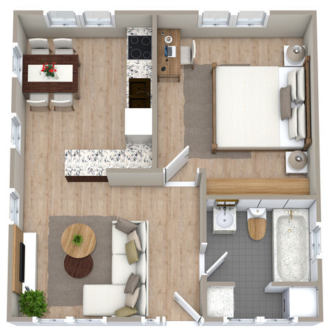 A beige 3D floor plan of a square home with one bedroom, and one bathroom with a bathtub. Hotel Suites Floor Plan, Small House Layout 1 Bedroom, 1bedroom House Plans, Laundry Alcove, 1 Bedroom Apartment Floor Plan, Hotel Suite Floor Plan, Closed Floor Plan, Small House Floor Plan, One Bedroom House Plans