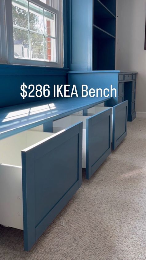 Ikea Built In Window Seat, Stuff Storage Ideas, Banquette Seating Hack, Built In On Carpet, Mudroom With Bench Under Window, Building Window Seat, Ikea Under Window Storage, Window Bench Seat With Storage Kitchen, Pax Window Seat