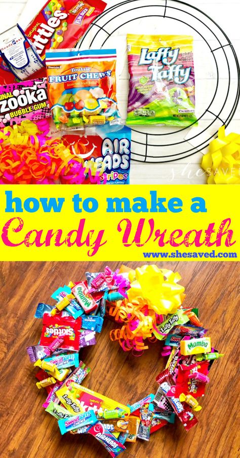 Candy Bar Bouquet Diy, Candy Wreath Diy, Candy Wreaths, Edible Wreath, Birthday Candy Bouquet, Candy Bar Bouquet, Raffle Ideas, Mini Crafts, Candy Gifts Diy