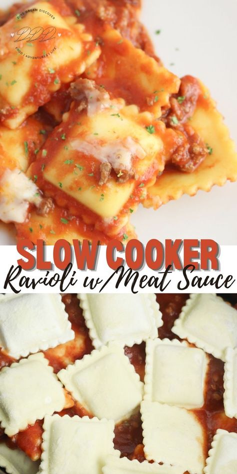 Ravioli with Meat Sauce Ravioli Recipe Crockpot, Home Made Ravioli Recipe, Ravioli With Meat Sauce, Frozen Ravioli Recipes, Ravioli Dinner Ideas, Slow Cooker Ravioli Lasagna, Cheese Ravioli Recipe, Slow Cooker Ravioli, Crockpot Lasagna Easy