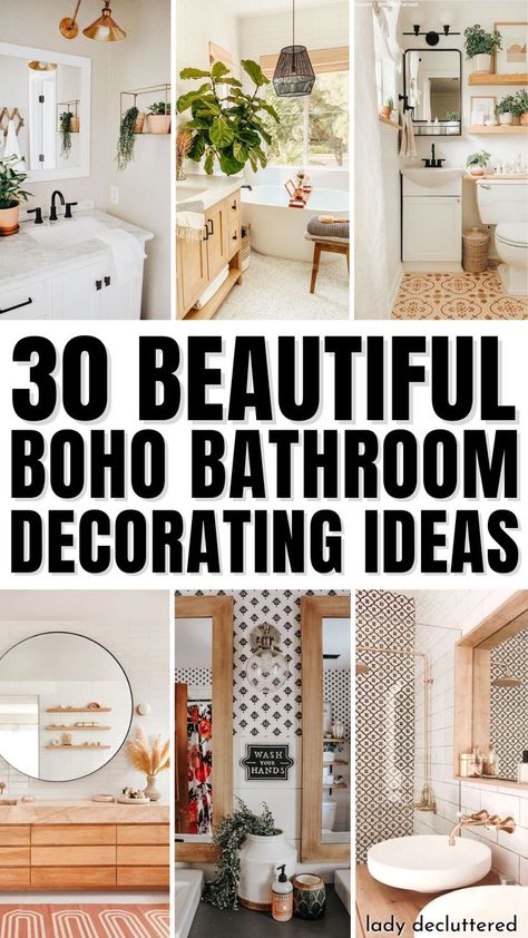 30 Beautiful Boho Bathroom Decorating Ideas Bathroom Cheap Decor, Pop Of Color In Bathroom, Boho Bathroom Decor Ideas On A Budget, Personal Decor Ideas, Massage Room Ideas Decor Bohemian, Bathrooms With Plants Ideas, Garden Bathroom Decor, Bad Boho Style, Botanical Bathroom Decor