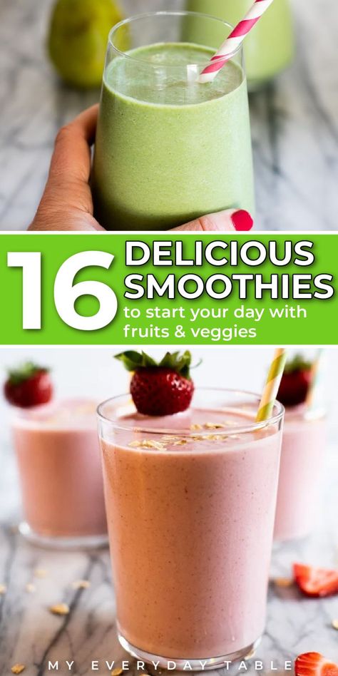 Smoothies are a delicious and healthy way to start your day. Packed with fruit, (and sometimes even veggies), protein, flavor, and plenty of energy, they are a great way to enjoy breakfast on-the-go. These nutritious smoothies will keep you going strong until lunchtime or give you the boost you need after a workout. Perfect for summer! Fruit Protein Smoothie, Frozen Drink Recipes, Frozen Cocktail Recipes, Veggie Smoothies, Delicious Smoothies, Chilled Desserts, Fruit And Veggie, Flavorful Vegetables, Smoothie Mix