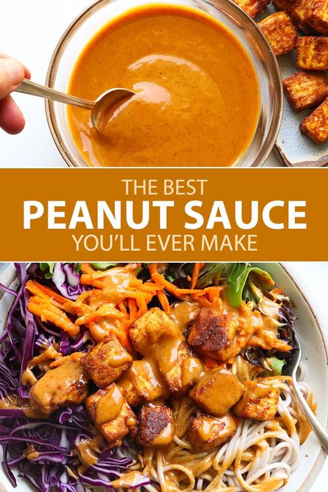 This Thai Peanut Sauce recipe is made with simple ingredients you probably already have. It's hard to resist once you taste it! Thai Recipes Peanut Sauce, Salmon Peanut Sauce Recipe, Peanut Butter Tahini Sauce, Peanut Sauce Thai Recipe, Spicy Peanut Sauce Recipe, Vegan Thai Peanut Sauce, Peanut Sauce Dishes, Simple Peanut Sauce Recipe, Peanut Butter Thai Dressing