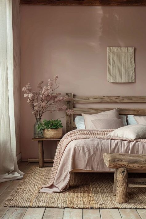 One Pink Wall Bedroom, Country Pink Bedroom, Rose Pink Bedding, Rose Bedroom Walls, Plaster Pink Bedroom, Rust And Pink Bedroom, Rustic Pink Bedroom, Small Bedroom Colour Ideas, Mauve Bedroom Walls