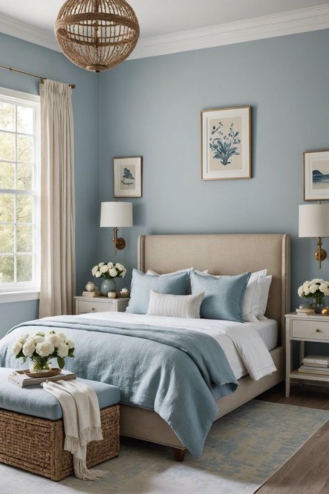 Bedroom Decor For Blue Walls, Bedroom Ideas Cute And Cozy, Bedroom Inspirations Master Color Schemes Light Blue, Blue House Decor Ideas, French Blue Room, Blue Tone Bedroom, Blue Master Room, Bedroom Inspirations Colors, Bedroom Ideas Blue Walls