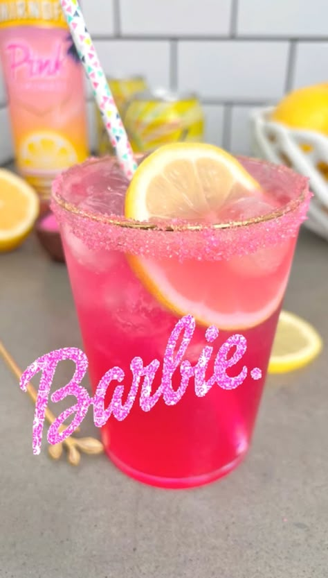 Spiked Pink Lemonade Barbie Drink Pink Barbie Mocktails, Barbie Pink Lemonade, Pink Lemonade With Glitter, Barbie Inspired Alcohol Drinks, Pink Jungle Juice Recipe, Sparkly Pink Lemonade, Barbie Party Finger Foods, Barbie Shake Recipe, Kids Pink Drink