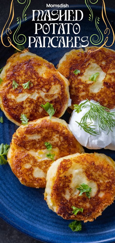 Mashed potato pancakes are pancakes made from leftover mashed potatoes. Enjoy these delicious and savory pancakes for breakfast or any time of the day. Potato Pancakes From Leftover Mashed Potatoes, Potato And Cheese Pancakes, Breakfast Potato Pancakes, Potato Pancakes With Cheese, Eggs And Mashed Potatoes, Mashed Potatoes And Eggs, Potato Pancakes With Leftover Mashed Potatoes, How To Make Potato Pancakes From Mashed Potatoes, Recipe Using Mashed Potatoes