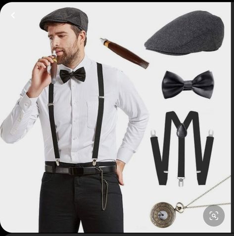 Great Gatsby Party Outfit Men, Gatsby Party Outfit For Men, Gatsby Men, 1920s Outfit Ideas, Great Gatsby Outfit, 1920s Mens Costume, Suspenders Men Fashion, Chicago Costume, Gatsby Party Outfit