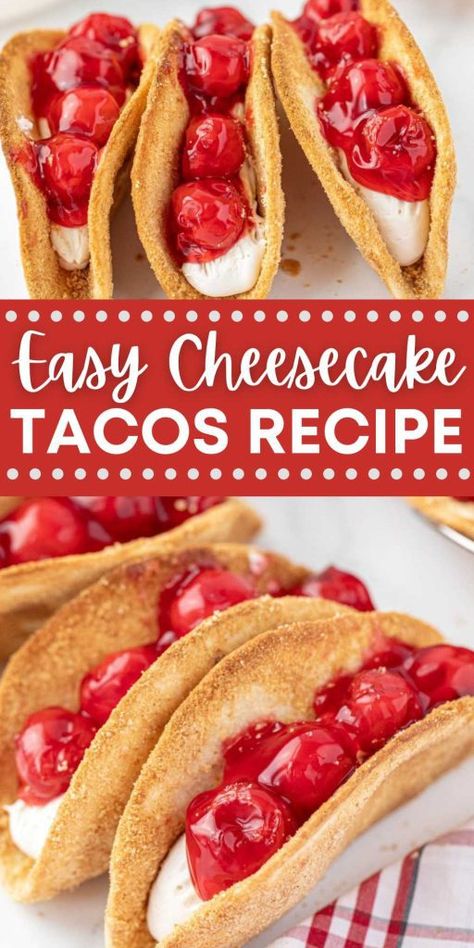 Taco Cheesecake, Thick Cheesecake, Strawberry Cheesecake Tacos, Cheesecake Tacos, Cheesecake Strawberries, Mini Lemon Cheesecakes, Mini Strawberry Cheesecake, Dessert Taco, Mexican Treats