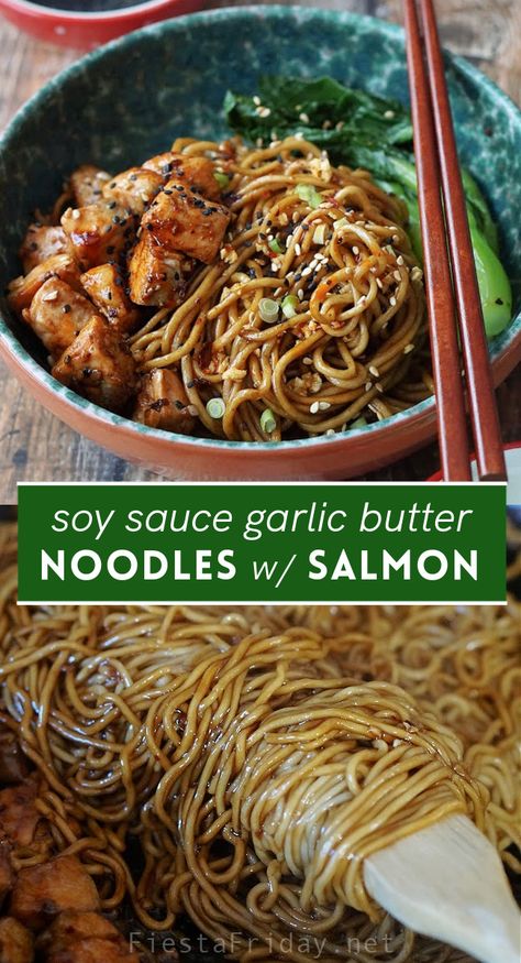 Sweet Soy Noodles, Easy Dibber Recipes, Garlic Butter Soy Sauce Noodles, Salmon Noodle Stir Fry, Asian Salmon Noodles, Soy Butter Sauce, Pasta With Soy Sauce, Soy Sauce Pasta Recipes, Salmon And Rice Noodles