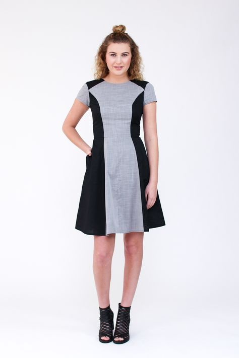 Megan Nielsen Karri dress pattern // Multi paneled dress with distinctive style lines and close fit. Pattern features princess seams, flared skirt, anchored side seam pockets, short sleeves, centre back invisible zipper and a full lining. Able to be made from one or more fabrics for a striking effect. Princess Seams Dress, Panel Dress Pattern, Paneled Dress, Princess Line Dress, Dragon Dress, Princess Seam Dress, Princess Line, Sewing Things, Teen Dress