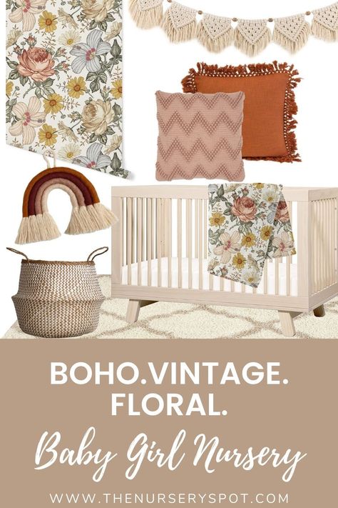 Vintage Floral Nursery, Boho Baby Girl Nursery, Nursery Design Board, Girl Nursery Wallpaper, Boho Baby Nursery, Floral Nursery Decor, Boho Baby Girl, Girl Nursery Room