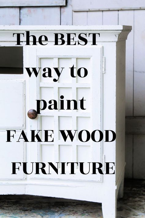 Easy way to paint and distress fake wood furniture. This entertainment center is painted white. How To Paint Manufactured Wood Furniture, Painted Mdf Furniture, Painting Non Wood Furniture, Can You Paint Pressed Wood, Adding Wood Trim To Furniture, Painting Pressed Wood Furniture, Diy Repainting Furniture Wood, Paint Pressed Wood Furniture, Fake Wood Furniture Makeover