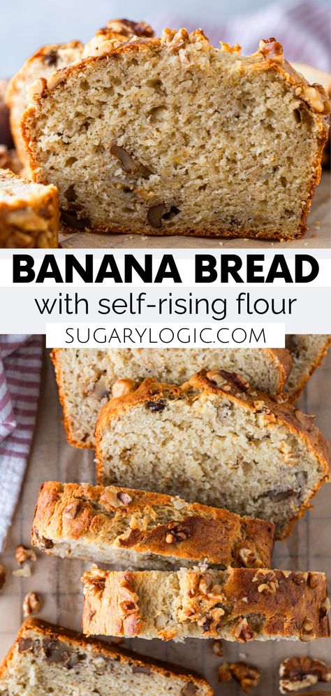 This banana bread recipe uses self-rising flour, melted butter, and buttermilk for the fluffiest, moist bread. This delicious quick bread is prepared in a single bowl, making this recipe quick and easy. The bread is fluffy and irresistible. Enjoy a slice for a quick breakfast or as an afternoon snack. Banana Bread Made With Self Rising Flour, Banana Nut Bread Recipe Using Self Rising Flour, Banana Bread Recipe With Self Rising, Banana Muffins With Self Rising Flour, Self Rising Flour Recipes Bread No Yeast, Self Rising Flour Banana Bread Recipe, Bread Flour Banana Bread, Banana Bread Using Self Rising Flour, Banana Bread Recipe With Self Rising Flour