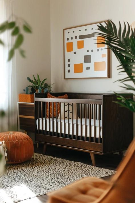 Cozy Dark Brown Crib Nursery Ideas to Inspire Espresso Nursery Ideas, Chocolate Brown Nursery, Warm Nursery Ideas, Nursery Ideas Orange, Dark Brown Crib Nursery, Dark Brown Nursery, Dark Wood Crib Nursery, Dark Brown Crib, Brown Crib Nursery