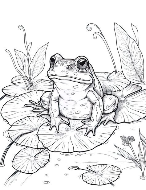 Premium Photo | A drawing of a frog sitting on a leaf ai generative image How To Draw Lilly Pads, Frog On A Log Drawing, Sitting Frog Tattoo, Frog Sitting Drawing, Two Frogs Drawing, Frog Drawing Reference, Frog Coloring Pages Free Printable, Frog Drawing Sketches, Drawing A Frog