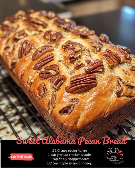 Indulge in the irresistible flavors of the South with this mouthwatering Sweet Alabama Pecan Bread recipe! The rich, nutty taste of pecans combined with sweet, moist bread makes for the perfect treat to enjoy with a cup of coffee or tea. Try this easy-to-make recipe for a delicious homemade treat that will have everyone asking for seconds. #sweetbread #pecanrecipe #southernfood #homemadebaking #dessertideas Sweet Alabama Bread, Sweet Alabama Pecan Bread With Buttermilk, Honey Butter Sweet Alabama Pecanbread, Pecan Bread Loaf, Cinnamon Pecan Bread, Buttermilk Sweet Alabama Pecan Bread, Honey Butter Pecan Bread, Alabama Sweet Pecan Bread, Alabama Pecan Bread Recipe