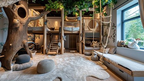 21 Luxury Playroom Ideas to Spark Imagination - Oh La De Tree House Bedroom For Boys, Bedroom Jungle Gym, Indoor Tree House Kids, Cool Kids Playroom Ideas, Basement Treehouse, Dream Playroom Kids, Indoor Play Fort, Forest Theme Playroom, Treehouse Interior Ideas