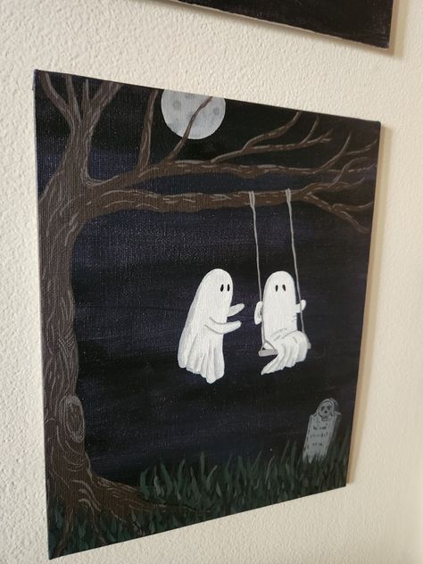 Drawing For Walls Bedroom, Halloween Canvas Paintings Step By Step, Two Ghost Painting, Ghost In Forest Painting, Ghost Painting Pumpkin, Halloween Graveyard Drawing, Spooky Sip And Paint Ideas, Dark Academia Painting Ideas Easy, Fall Painting Simple