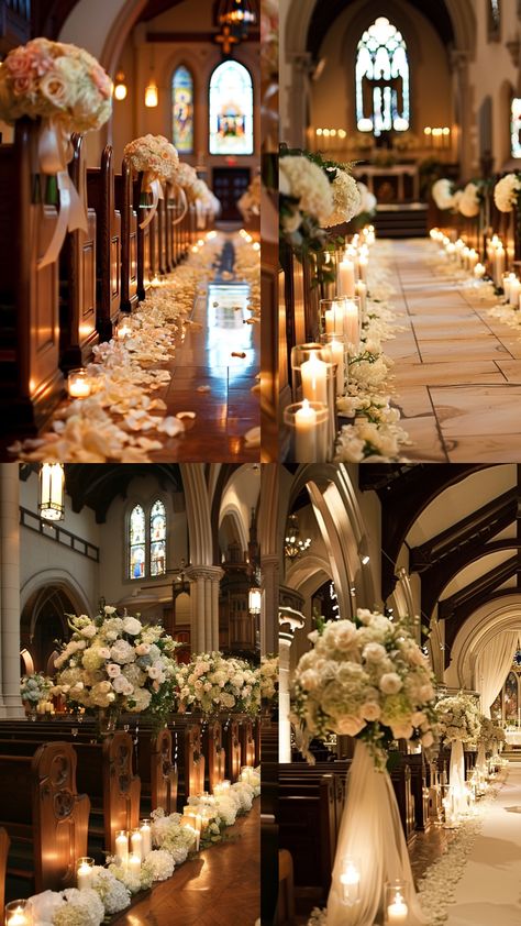 elegant church wedding decorations Venue Decorations Wedding, Church Decorations Ideas Wedding, Elegant Wedding Aesthetic Decor, Chapel Wedding Ideas, Wedding In Church Decorations, Sanctuary Wedding Decorations, Wedding Decorations Christian, Decorating A Church For A Wedding, Wedding Ceremony Church Decorations