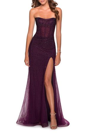 Mardi Gras Prom Dress, Deep Purple Prom Dress, Violet Prom Dresses, Dark Purple Prom Dress, Riverdale Outfits, Deep Purple Dress, Strapless Prom Dresses, Purple Prom Dress, Beaded Tulle